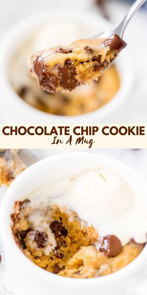 Mug Cookie Recipes, Chocolate Chip Mug Cookie, Mug Dessert Recipes, Microwave Mug Recipes, Mug Cookie, Microwave Dessert, Chip Mug, Cookie In A Mug, Single Serve Desserts