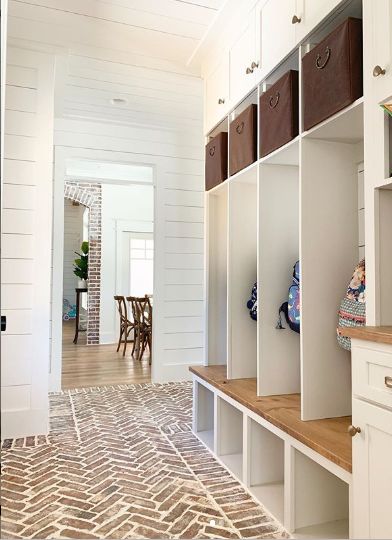 Brick Floors Mudroom, Mudroom Flooring, Brick Floor, Interior Brick, Mudroom Lockers, Laundry Room Flooring, Mudroom Laundry Room, Farmhouse Laundry Room, Messy Room