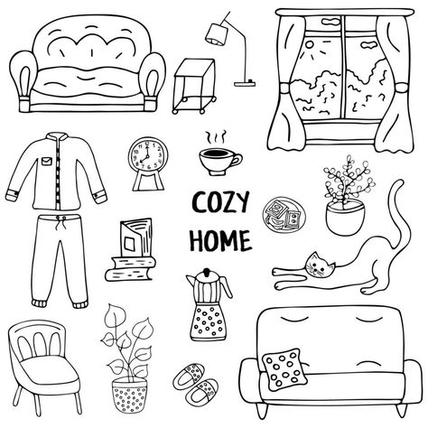 Cozy Doodles, Ink Doodles, Cozy Home, White Houses, Quilt Blanket, Cozy House, Vector Art, Vector Free, Doodles