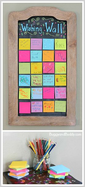 Create a wishing wall for New Year's Eve! Perfect activity for kids and family! ~ BuggyandBuddy.com Make A Wish Bulletin Board, Wish Board Ideas, New Years With Kids, Kids New Years Eve, New Year's Eve Activities, New Years Eve Day, Front Hallway, New Years Activities, Prayer Wall