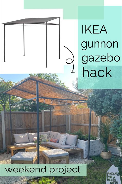 I gave my IKEA GUNNÖN gazebo a new roof to fit in with the Ibiza lounge vibes of my terrace. Terrace Diy Ideas, Ikea Gunnön Gazebo, Renter Friendly Pergola, Diy Veranda Ideas, Diy Garden Shelter, Ikea Garden Ideas, Diy Terrace Decor, Ikea Gazebo, Gunnön Gazebo