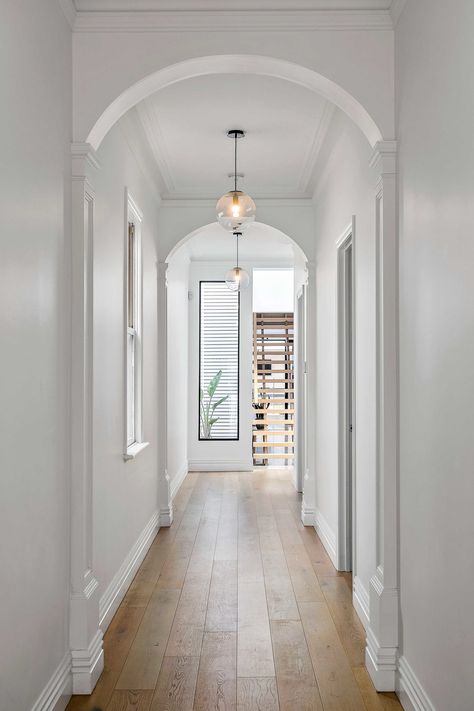 Rounded Hallway Entrance, Hallway Arch Decor, Arch Passage Interior, Arched Hallways In Home, Arch Hallway Entryway, Arch In Hallway, Arch Hallways, Hallway Archway, Hallway Ceiling Design