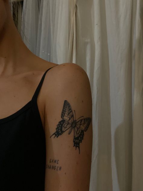 Shoulder And Upper Arm Tattoos For Women Butterflies, Upper Outer Arm Tattoo, Healed Butterfly Tattoo, Back Of Arm Tattoos For Women Upper, Two Butterflies Tattoo Arm, Ulysses Butterfly Tattoo, Shoulder Tattoos Butterfly, Butterfly Shoulder Tattoos For Women, Arm Tattoo Butterfly