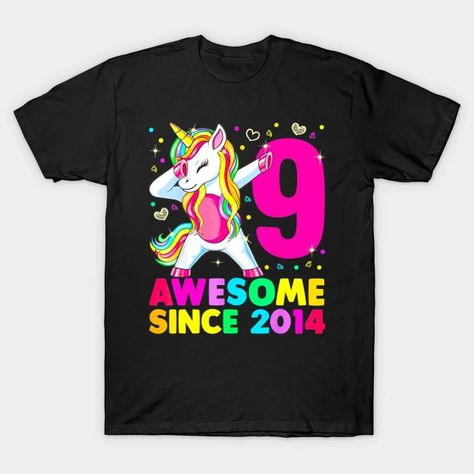 9 Years Old Unicorn Dabbing 9th Birthday Girl Unicorn Party - 9th Birthday Girl Gift - T-Shirt | TeePublic Unicorn Themed Birthday Shirts, T Shirt Unicorn Birthday, Nine Year Old Birthday Shirt, Rainbow Unicorn Birthday Shirt, Unicorn Birthday Decorations, Cheap Unicorn Print T-shirt For Birthday, Happy Birthday Tag, Roblox T-shirt, Birthday Tags