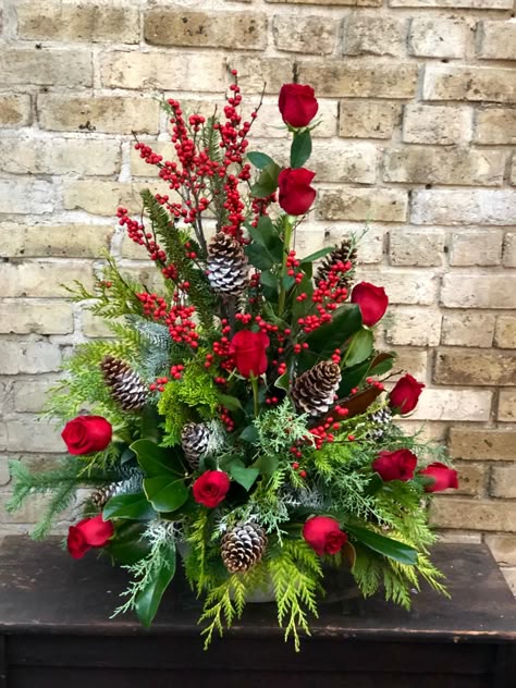 Christmas Floral Arrangements For Cemetery, Christmas Altar Flowers, Christmas Tree Floral Arrangement, Christmas Floral Arrangements For Graves, February Flower Arrangements For Church, Christmas Flower Arrangements For Graves, Christmas Cemetery Arrangements, Christmas Arrangements For Cemetery, Modern Christmas Flower Arrangements