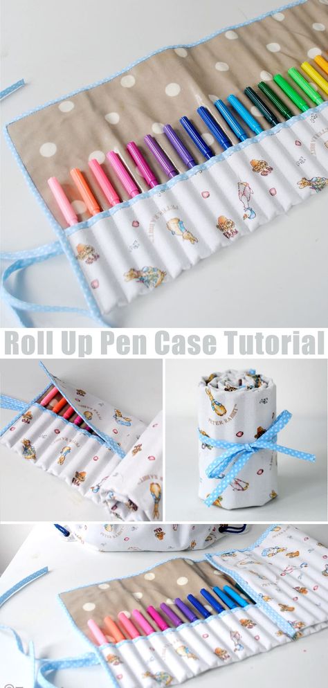 Roll up Pen Case Tutorial Roll Up Art Case, Crochet Roll Up Pencil Case, Roll Up Pencil Case Diy Free Pattern, Diy Pencil Roll, Diy Pen Case, Pencil Holders Diy Kids, Diy Brush Holder, Pen Holder Diy, Colored Pencil Holder