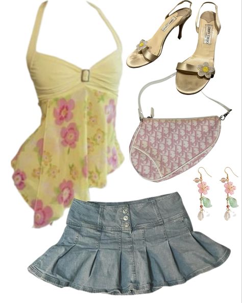 Summer 00s Outfits, Summer Flower Outfits, Starstruck Outfits, Hibiscus Outfit Aesthetic, Summer Clothes Y2k, 2000 Summer Outfits, Teen Clothes Aesthetic, Summer Gyaru Outfits, Coquette Y2k Outfit