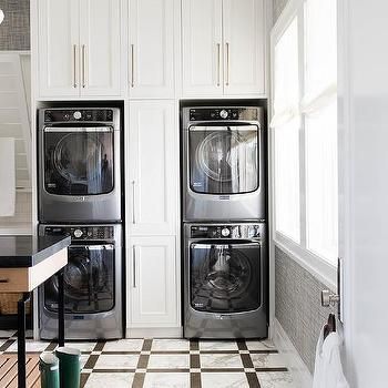 2 Sets Of Washers And Dryers Design Ideas Maytag Washer And Dryer, White Marble Tile Floor, Washers And Dryers, Laundry Room/mud Room, Alice Lane Home, Stackable Washer And Dryer, Dream Laundry Room, White Marble Floor, Drying Racks