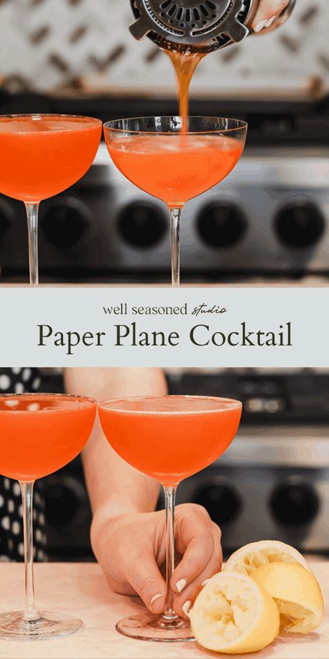 Paper Plane Drink Recipe, Paper Plane Cocktail Recipe, Paper Plane Drink, Aperol Cocktail Recipes, Craft Drinks, Aperol Drinks, Paper Plane Cocktail, Amaro Cocktails, Whiskey Cocktails Easy