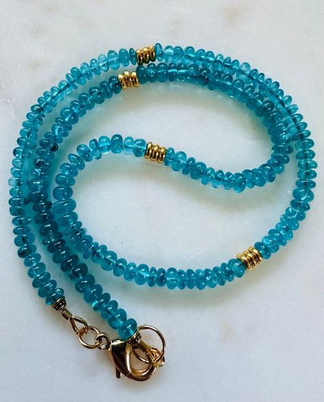 Blue Apatite Rondelle Necklace 18k Gold Filled Clasp 4.5mm Neon Blue Apatite Layering Necklace Natural Semi-Precious Gemstones Beaded by HarmonyinStones on Etsy Rondelle Necklace, Apatite Necklace, Natural Gemstone Necklace, Citrine Beads, Gemstone Beaded Necklace, Blue Apatite, Layering Necklace, Neon Blue, Precious Gemstones