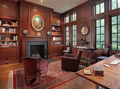 Corner Fireplace Library, Office Fireplace, Reading Room Design, Office With Fireplace, Arranging Bedroom Furniture, Library Inspiration, Comfortable Office Chair, Home Library Design, Home Library