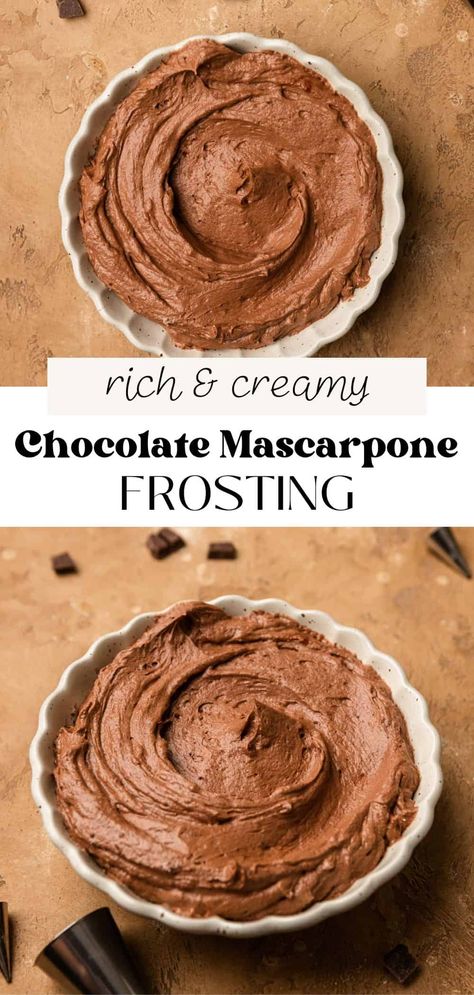 This creamy and fluffy chocolate mascarpone frosting has a rich chocolate flavor and holds its shape for decorating cakes and cupcakes! The mascarpone makes the texture silky smooth and adds a subtle tang that is oh so delicious. Chocolate Mascarpone Frosting, Marscapone Frosting, Fruit Filling Recipe, Frosting Without Butter, Chocolate Banana Cupcakes, Chocolate Mascarpone, Mascarpone Frosting, Chocolate Ganache Frosting, Chocolate Fudge Frosting