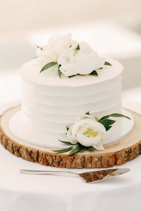 single tier white buttercream wedding cake on a rustic tree slice cake stand White Single Tier Wedding Cake, Simple Cake Table Wedding, Single Tier Wedding Cake Flowers, Single Teir Cakes Wedding, Wedding Cake Single Layer, Simple One Tier Wedding Cake, Plain White Wedding Cake, Wedding Cake Single Tier, Single Layer Wedding Cake