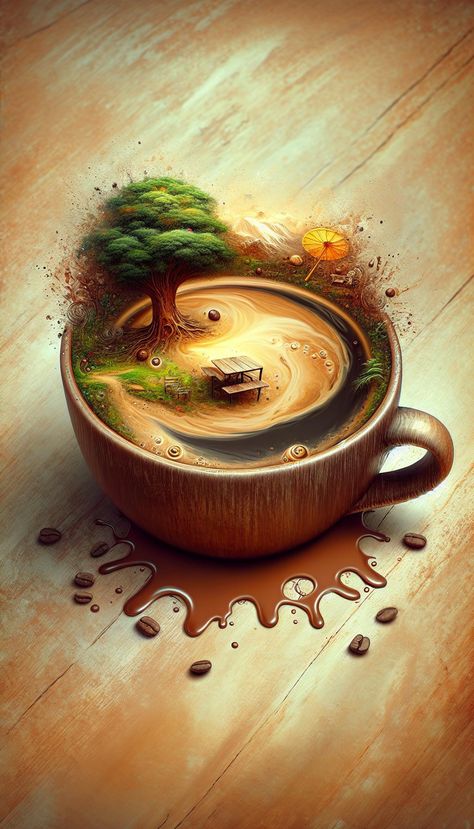 A wooden cup overflows with a swirling coffee landscape featuring a tree, table, and a sun, symbolizing tranquility and nature. Coffee Landscape, Wooden Cup, Tree Table, Landscape Features, The Cup, A Tree, Sun, Coffee, Quick Saves