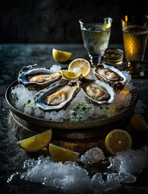 Oysters on a plate with ice and lemon slices royalty free stock images Oysters Food Photography, Seafood Platter Aesthetic, Oysters Photography, Oyster Photography, Oysters Aesthetic, Oyster Party, Oyster Restaurant, Oyster Platter, Fine Dining Plating