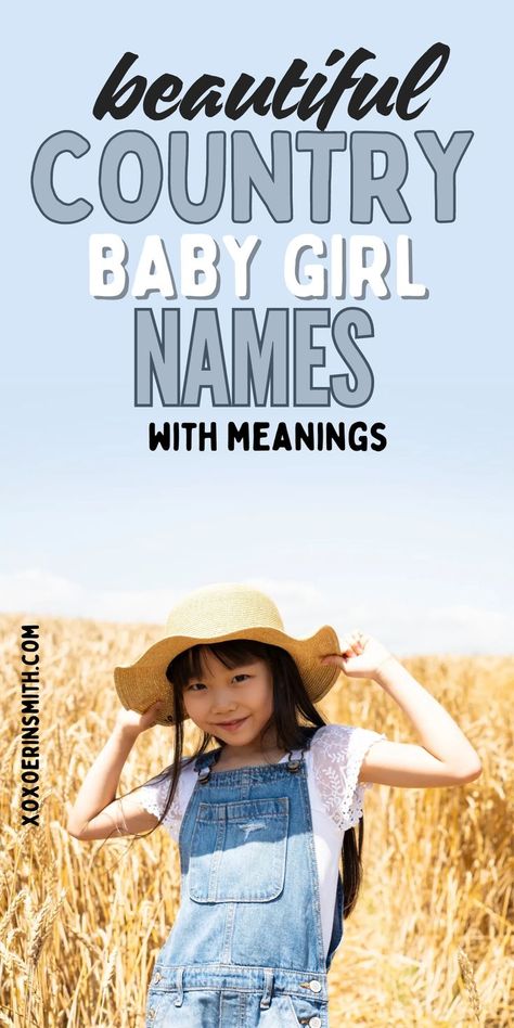 cute little girl with overalls and cowboy hat in wheat field and title beautiful country baby girl names and  meanings Girl Names Southern, Country Baby Girl Names, Irish Baby Boy Names, Irish Baby Girl Names, Country Girl Names, Country Baby Girl, Names And Meanings, Strong Baby Names