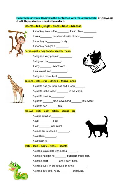 Describing animals - complete worksheet Farm Animals Worksheets For Grade 1, Describing Animals Worksheets, Animals Worksheet For Grade 1, Animal Habitat Worksheet, Wild Animals Worksheets For Kids, Young Ones Of Animals, Animals Worksheet, Articles Worksheet, Worksheets For Class 1