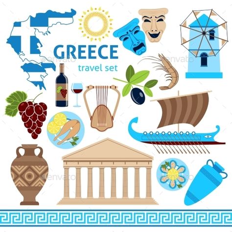 Greece Symbols Touristic Set Flat Composition by macrovector Travel agency greece cultural tours poster with national historical symbols flag and country map flat vector illustration. Editabl Greece Symbols, Greece With Kids, Greece Destinations, Greek Travel, Country Maps, Tour Posters, Flat Vector, World Cultures, Greek Gods