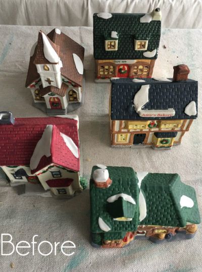 Christmas Village Makeover Painted Christmas Village, Mini Christmas Village, Christmas Village Collections, Dollar Tree Christmas Decor, Christmas Place Cards, Diy Christmas Village, Christmas Village Houses, Thrift Store Crafts, Christmas Village Display