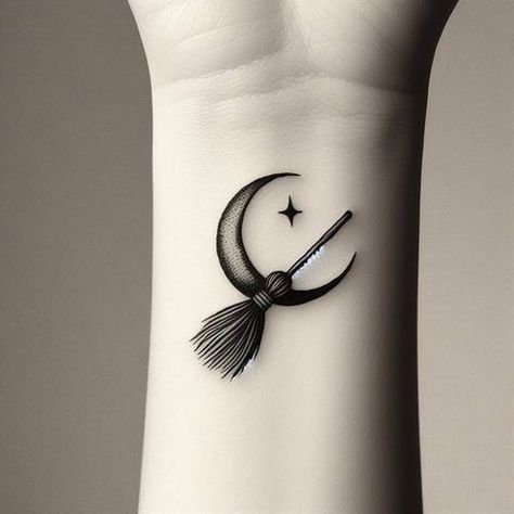 Tattoo Ideas For Witches, Subtle Witch Tattoo, Witch Tatoos Ideas, Witchy Hat Tattoo, Witch Hat And Broom Tattoo, Halloween Tattoo Ideas For Women, Girly Halloween Tattoos, Mother Maiden Crone Tattoo, Broom Moon Tattoo