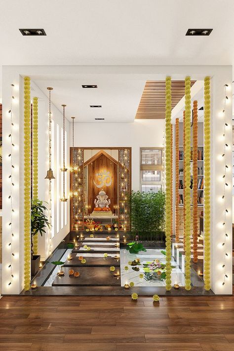 How To Decorate Pooja Room at Home 2021 Pooja Room In Courtyard, Luxurious Pooja Room, Pooja Room With Water Pond, Big Pooja Room, Courtyard Pooja Room, South Indian Pooja Room, Pooja Room In Courtyard Design, Indian Pooja Room, How To Decorate Pooja Room