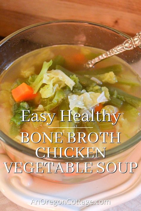 Super nourishing and comforting during cold and flu season, this healthy bone broth chicken vegetable soup is made quickly using frozen broth and is packed full of vegetables. Bone Broth Chicken, Oregon Cottage, Cottage Recipes, Chicken Vegetable Soup, Broth Chicken, Cottage Meals, Soup In A Jar, Vegetable Soup With Chicken, Chicken Vegetable