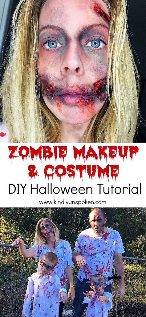 Looking for an awesome last minute DIY halloween costume idea? Check out this easy zombie makeup and zombie costume tutorial where I show you step-by-step how to dress up the whole family like zombies! #halloween #halloweenmakeup #halloweencostume #zombie Last Minute Couples Halloween Costumes, Diy Zombie Costume, Zombie Costume Ideas, Zombie Makeup Diy, Costume Ideas Diy, Zombie Make Up, Diy Craft Ideas For Kids, Zombie Costumes, Zombie Makeup Tutorials