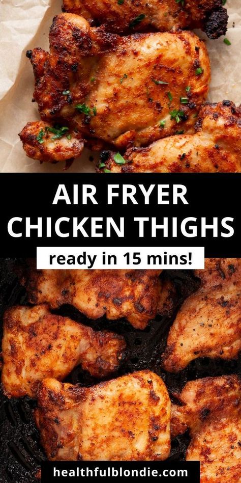 Easy 15-minute air fryer boneless & skinless chicken thighs that are super juicy with crispy edges. Serve with fresh lemon for the perfect weeknight dinner! Chicken Recipe Air Fryer, Chicken Thighs Air Fryer, Honey Soy Chicken Thighs, Air Fryer Recipes Chicken Thighs, Recipe Air Fryer, Air Fryer Chicken Thighs, Honey Soy Chicken, Crispy Chicken Thighs, Chicken Thighs Recipes