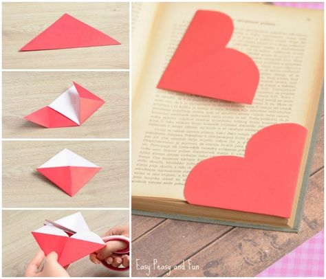 Cute Heart Corner Bookmarks Hart Origami, Origami Bookmark Corner, Origami Hearts, Hadiah Diy, Tutorial Origami, Paper Blog, Origami Bookmark, Bookmark Craft, How To Make Origami