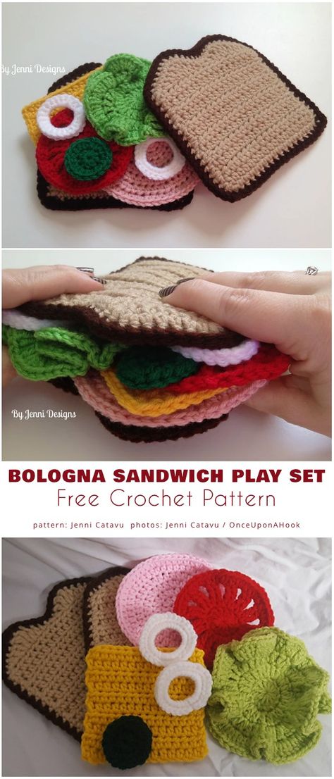 Bologna Sandwich Play Set Crochet Food Set Free Pattern, Crochet Meat Free Pattern, Crocheted Play Food, Crochet Loaf Of Bread, Cheeseburger Crochet Pattern, Crochet Dramatic Play, Crochet Food Play Set, Crochet Breakfast Food Free Pattern, Crochet Pretend Food