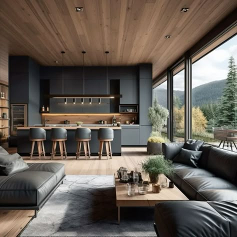 Cold Interior Design, Living Room Black And Wood, Black And Wood Interior Design, Black And Wood Living Room, Modern Cabin Kitchen, Mountain House Interior, Scandinavian House Design, Modern Mountain Cabin, Modern Cabin Interior