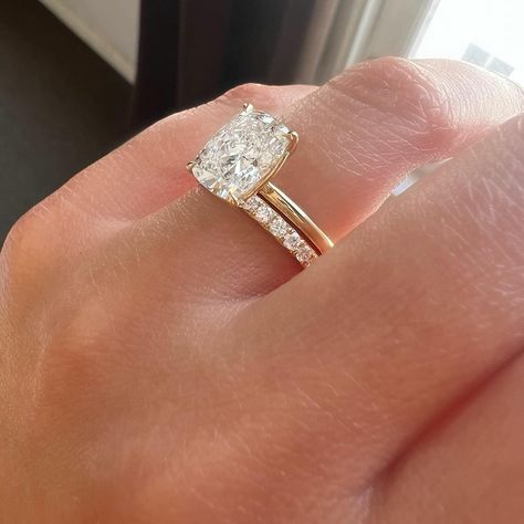 Wedding Ring Stack Cushion Cut, Ring Stack Radiant Cut, Radiant Cut Ring With Band, Cushion Ring Stack, Cushion Engagement Ring Stack, Cushion Cut Engagement Ring With Band, Elongated Cushion Cut Engagement Ring With Wedding Band, Wedding Band With Elongated Cushion, Elongated Cushion Wedding Set