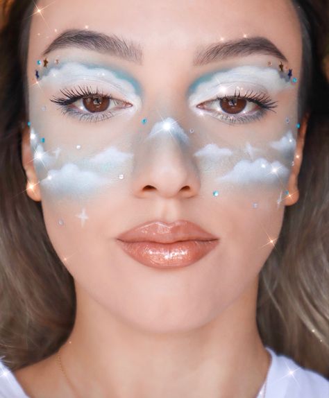 Elements Makeup Air, Cloud Halloween Makeup, Cloud Face Painting, Cloud Blush Makeup, Air Makeup Element, Air Element Aesthetic Outfit, Rain Cloud Makeup, Air Element Costume, Cloud Face Paint