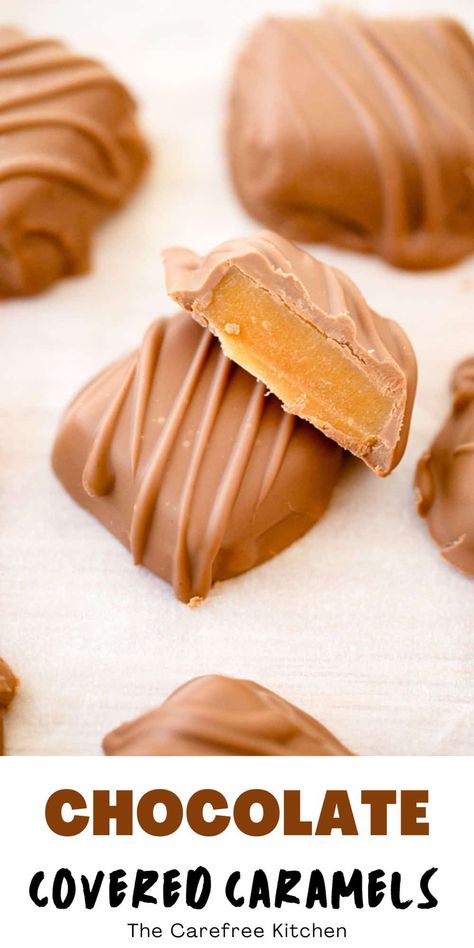 This Chocolate Covered Caramel recipe provides easy-to-follow instructions so that even beginners can make these delicious candies in their very own kitchen. These soft and chewy caramels are dipped in melted chocolate then topped with flakey sea salt for a perfect treat no matter what the occasion. #thecarefreekitchen #candy #chocolate #dipped #caramel #homemade #holidays #saltedcaramel Caramel Homemade, Carmel Recipe, Homemade Caramel Candy, Caramel Candies Recipe, Carmel Chocolate, Caramel Candies, Caramel Bites, Caramel Treats, Caramel Recipe