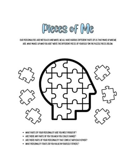 Pieces of Me by Not Your Average School Psych | TPT Theraputic Arts And Crafts For Kids, Psychoeducation And Group Therapy Ideas, Therapy Art Activities, Therapy Games For Teens, Art Therapy Activities For Adults, Mental Health Activity Ideas, Therapy For Teens, Therapeutic Art Activities, Therapy For Kids