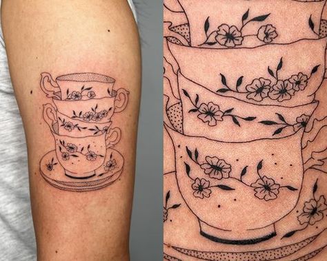 Teacup Stack Tattoo, Stacked Teacup Tattoo, Stack Of Teacups Tattoo, Tea Cup Tattoo, Teacup Tattoo, Cup Tattoo, Coffee Tattoos, American Traditional Tattoo, American Traditional