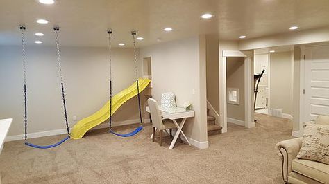 Slide In Basement, Basement Playhouse With Slide, Slide To Basement, Basement Toy Room, Basement Slide, Basement Playground, Michigan Basement, Basement Playhouse, Pole Room