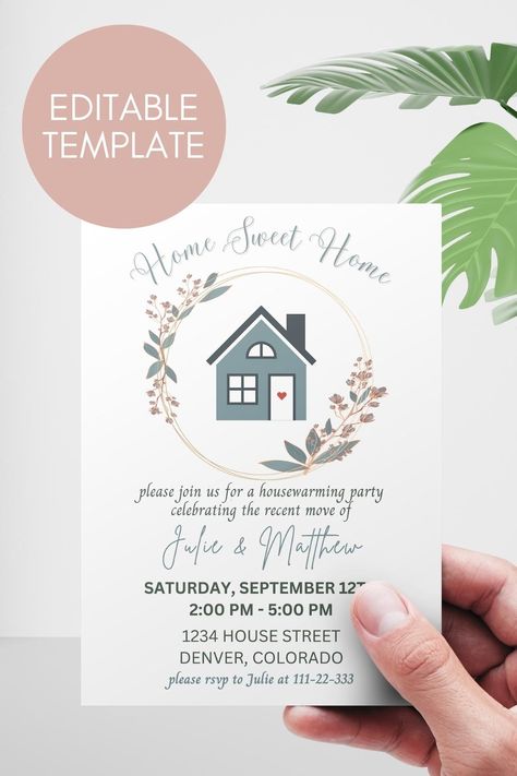 If you're looking for a housewarming party invitation template, look no further! ZezeCraftStudio offers amazing invitation designs for every taste. Your guests will be delighted to hear that you have moved into your new home with this lovely pastel-colored housewarming invite featuring a house icon decorated with flowers. You'll get both the 5"x7" print size and the phone size templates included in the price of $5.80 with a 100% money back guarantee. Simply edit, download, print or share! New House Invitation Card, House Warming Party Ideas Decorations First Home Housewarming Invitations, Housewarming Invitation Cards, Housewarming Invitations, Housewarming Invitation, House Icon, Housewarming Party Invitations, Minimalist Invitation, House Warming Invitations