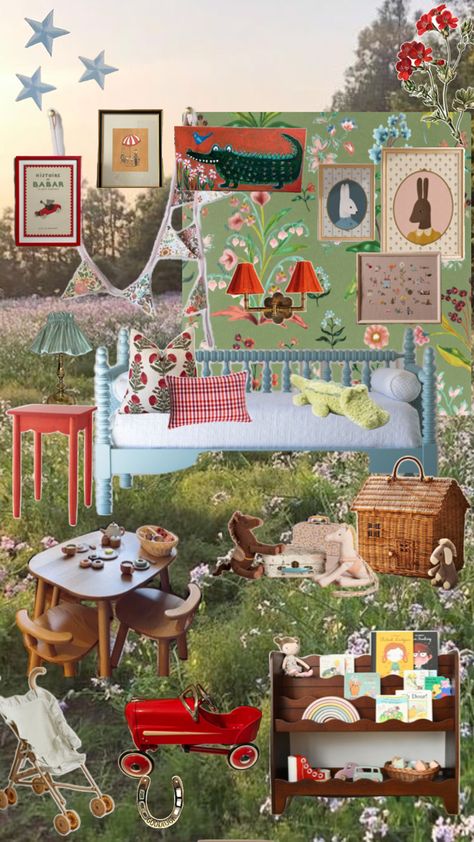 Color-filled, whimsical cottage playroom with pops of red Cottage Playroom, Whimsical Playroom, 100 Acre Wood, Play Corner, Whimsical Cottage, Living Room Playroom, Colorful Cottage, Girl’s Room, Big Boy Room