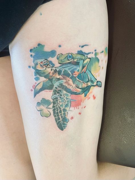 My babies, represented as a turtle and a frog, floating through this world together and always with me! Turtle And Frog Tattoo, Frog And Turtle, Watercolor Turtle, Animal Tattoos For Men, Turtle Tattoos, Mama Tattoo, Tattoo 2023, Sea Turtle Tattoo, Turtle Tattoo Designs