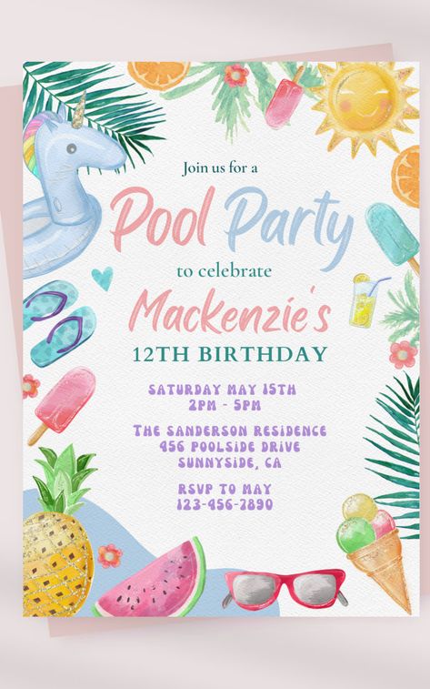 Invitaciones Para Pool Party, Invitaciones Pool Party, Free Pool Party Invitations Templates, Pink Pool Party Invitation, Summer Pool Party Invitations, Invitation Card Design Pool Party, Birthday 16, Pool Party Themes, Pool Party Birthday Invitations