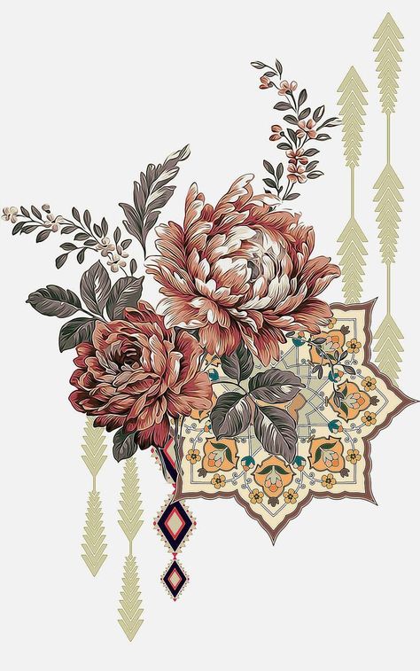 Motif Arabesque, Mughal Art Paintings, Botanical Flower Art, Flower Bunch, Print Design Art, Textile Prints Design, Floral Border Design, Textile Print, Islamic Art Pattern