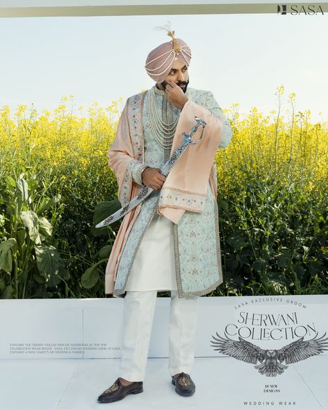 Very beautiful and fabulous royal look sherwani with matching Palla by SASA Sardar Groom Outfit, Wedding Waistcoats, Wedding Outfits For Groom, Groom Photoshoot, Punjabi Salwar, Punjabi Salwar Suits, Royal Look, Fashion Illustration Dresses, Groom Poses