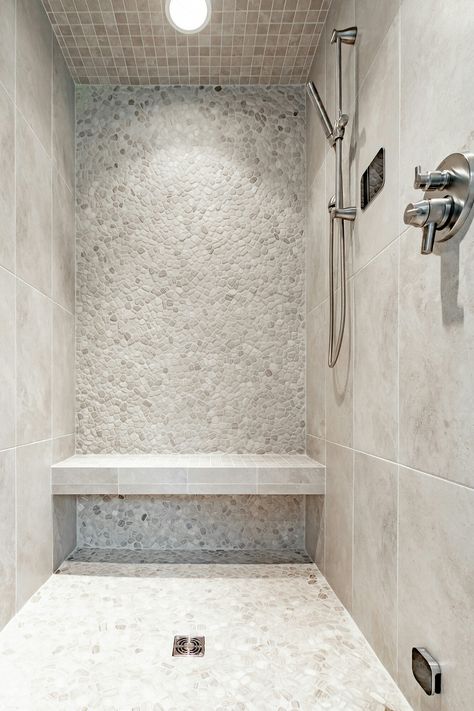 Shower Pebble Tile Ideas, Pebble Tile Shower Wall, Stone Tile Shower Floor, Shower Stone Tile, Natural Stone Tile Shower Ideas, Pebble Shower Tile, Pebble Shower Wall, Stone Tile Shower Wall, Natural Tile Shower Ideas