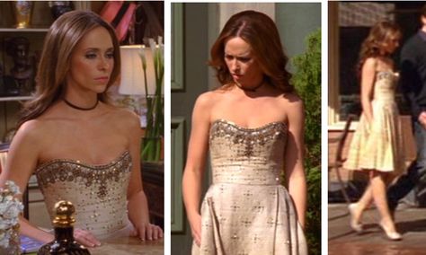 Ghost Whisperer. Melinda Gordon. Season 4, Episode 14. Vintage, strapless dress with fitted bodice, full skirt (knee length) with sequins and embroidered detail around bust and embroidered beige fabric. Worn with a simple black choker necklace and nude heels. Melinda Gordon Style, Melinda Gordon Aesthetic, Ghost Whisperer Outfits, Ghost Whisperer Fashion Melinda Gordon Outfits, Melinda Gordon Outfits, Melinda Ghost Whisperer Style, Ghost Whisperer Fashion, Ghost Whisperer Style, Jennifer Love Hewitt Hair Ghost Whisperer Outfits Women