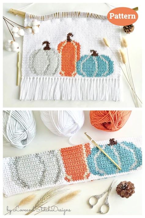 Crochet Halloween Wall Hanging Pattern, Crochet Fall Wall Hanging, Crochet Christmas Wall Hanging Free Pattern, Crochet Wall Hanging Pattern Free, Pumpkin Wall Hanging, Thanksgiving Crochet Patterns, Crochet Wall Decor, Crochet Fall Decor, Wall Hanging Crochet