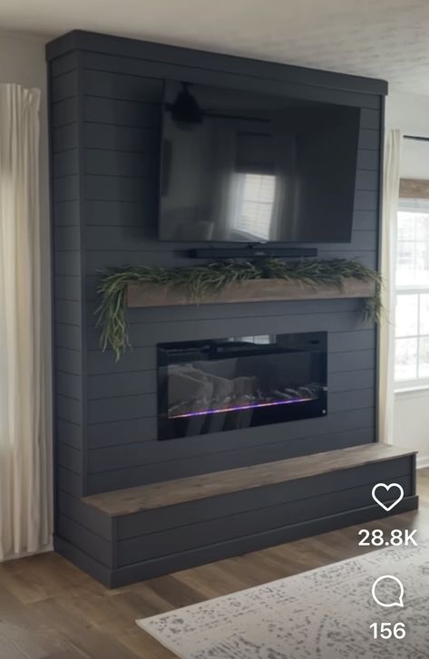 Wood Accent Wall Living Room Fireplace, Navy Shiplap Fireplace Wall, Shiplap Accent Wall Fireplace, Electric Fireplace Builds, Black Shiplap Fireplace With Hearth, Dark Grey Shiplap Fireplace, Navy Shiplap Fireplace, Wood Fireplace Tv Wall, Shiplap Fireplace Black