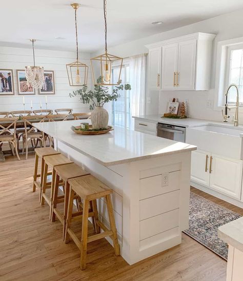 Kitchen Remodel Into Dining Room, Dining Room And Kitchen Design, Pendant And Chandelier Combinations, Dining Room Next To Kitchen, Dining Room In Kitchen, Dining Room Off Kitchen, Small Kitchen And Dining Room Ideas, Kitchen Island End Panels, White Kitchen Peninsula