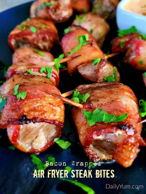 Air Fryer Bacon Wrapped Steak Bites - Daily Yum Bacon Wrapped Steak Bites, Air Fry Bacon, Bacon Wrapped Steak, Air Fryer Steak Bites, Bacon Wrapped Beef, Air Fryer Bacon, Steak Wraps, Recipes Steak, Dinner Beef