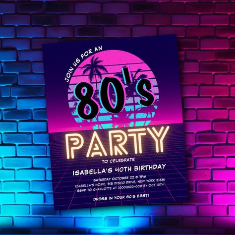 Retro 80's Disco Party Birthday Budget Invitation 80s Party Invite, 80s Theme Birthday Party, Disco Party Birthday, 80s Dance Party, Birthday Budget, 80s Themed Party, Arcade Birthday, 80s Birthday Party, 80s Birthday Parties